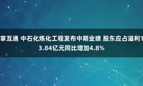 掌互通 中石化炼化工程发布中期业绩 股东应占溢利13.84亿元同比增加4.8%